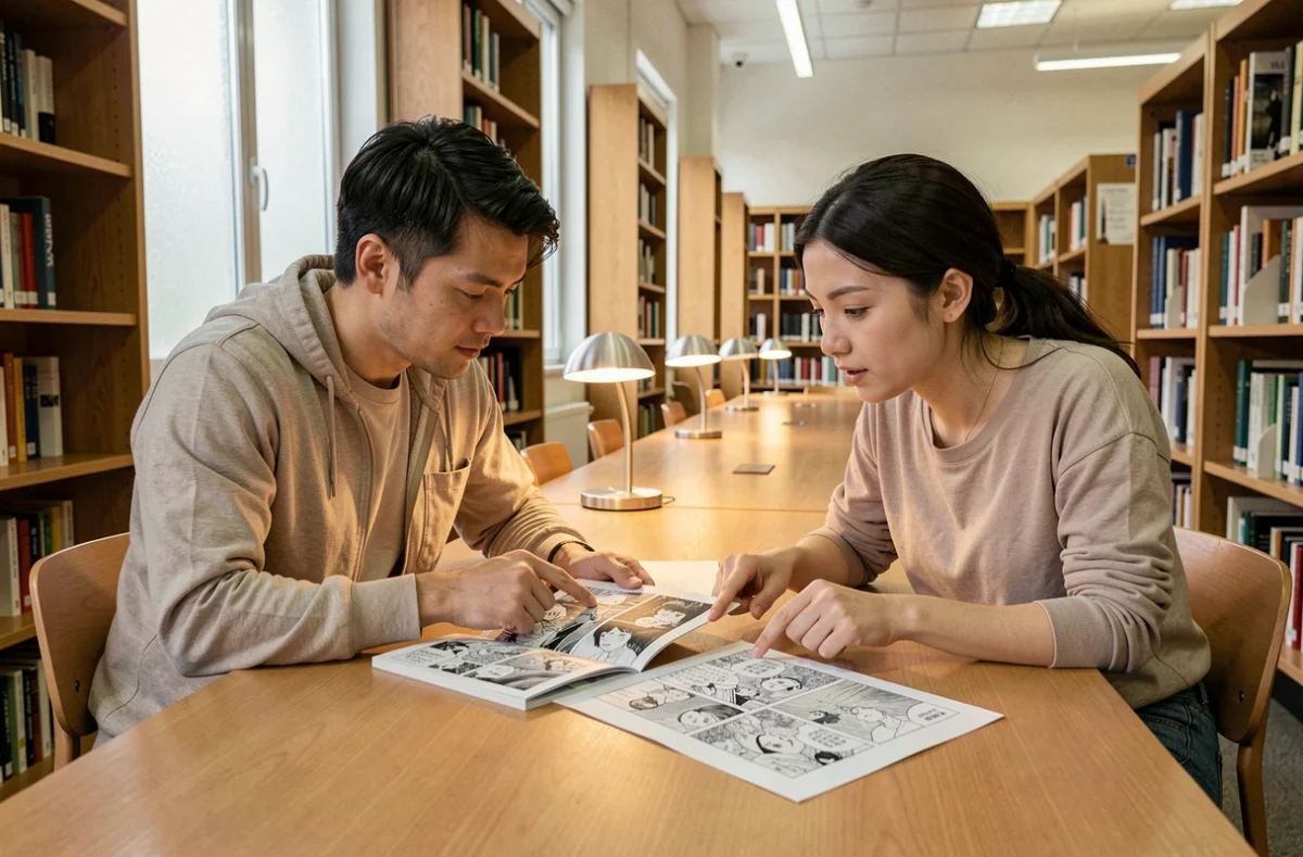 Deux adultes comparant un manga japonais original avec sa traduction française dans une bibliothèque publique