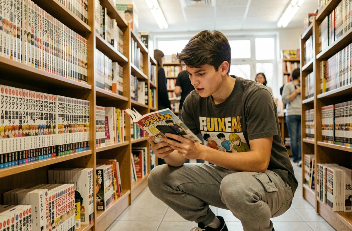 Adolescent en librairie comparant un volume manga physique avec des scans en ligne sur smartphone, symbolisant le débat entre lecture légale et scans