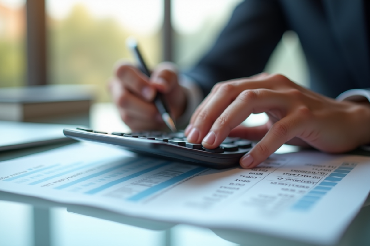 Main d’un comptable utilisant une calculatrice sur documents financiers