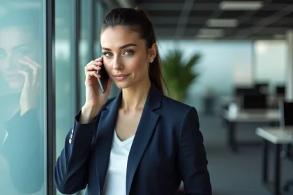 Femme en blazer tenant un smartphone près de l'oreille dans un bureau discret, illustrant la confidentialité téléphonique