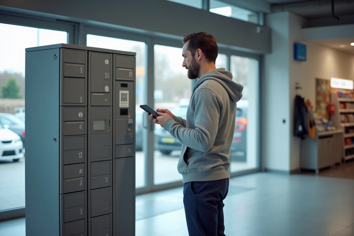 Homme scannant un QR code sur une consigne automatique de dépôt de colis Vinted en supermarché