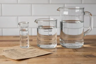 Trois récipients gradués en verre sur un plan de travail en bois illustrant la conversion entre millilitres, centilitres et litres