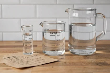 Trois récipients gradués en verre sur un plan de travail en bois illustrant la conversion entre millilitres, centilitres et litres