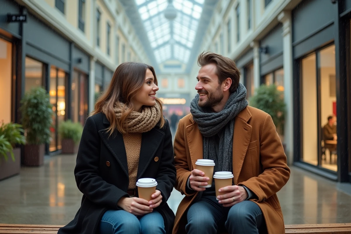 Couple se reposant dans un centre commercial couvert sous la pluie un dimanche à Montpellier