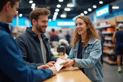 Jeune couple heureux remettant des cheques vacances au caissier dans un magasin Decathlon