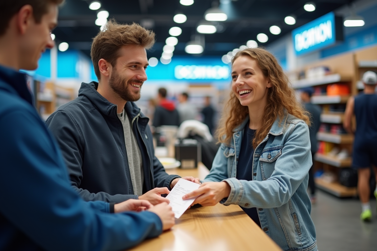 Jeune couple heureux remettant des cheques vacances au caissier dans un magasin Decathlon
