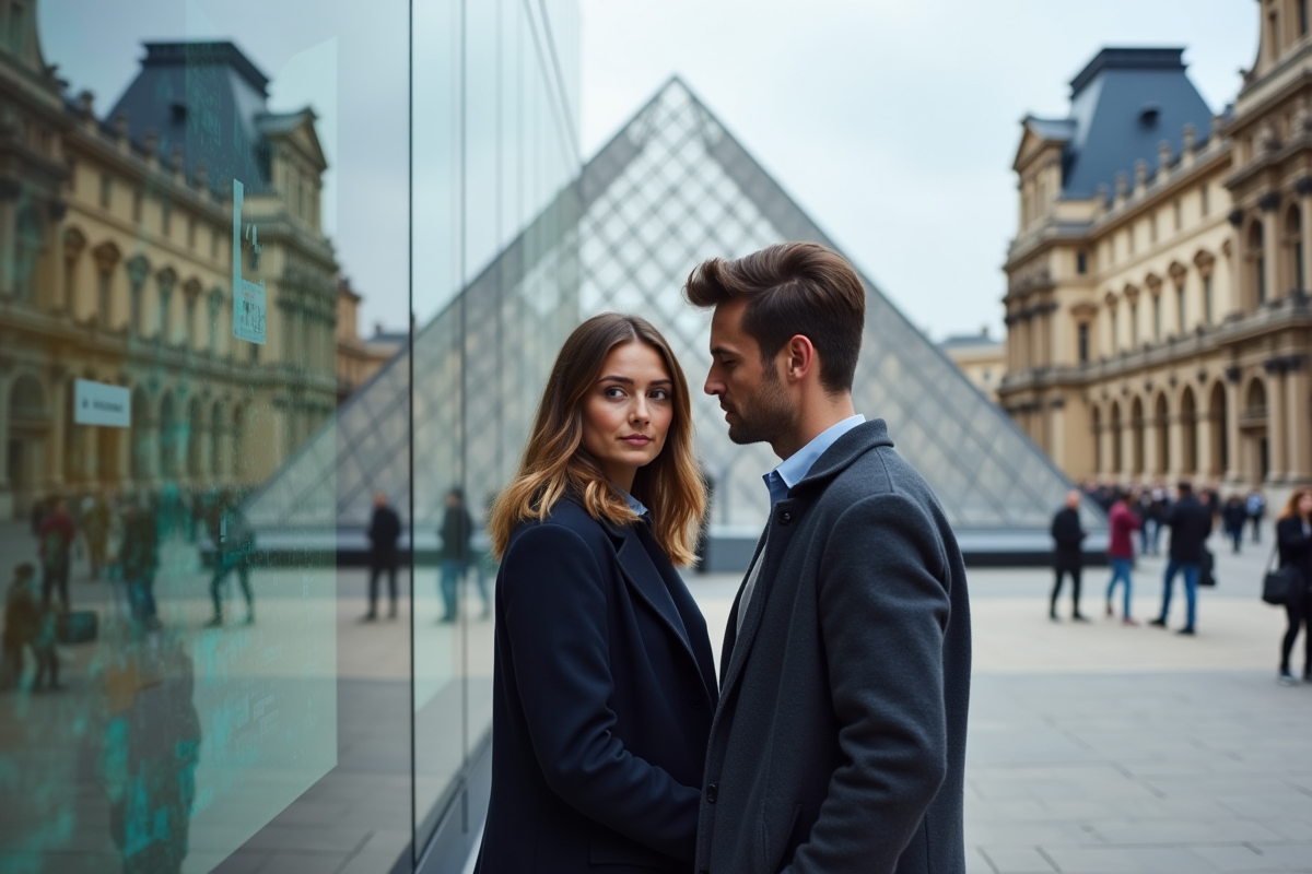 Jeune couple au Louvre examinant une carte interactive