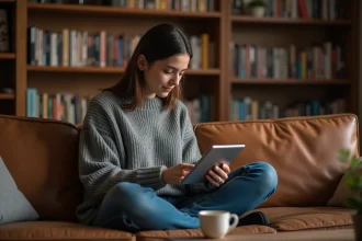 Jeune femme découvrant un catalogue de séries animées sur une tablette dans son salon, entourée de mangas