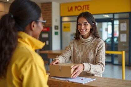 Femme déposant un colis au guichet de La Poste sans étiquette imprimée