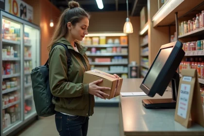 Femme déposant un colis Vinted dans un point relais en épicerie urbaine