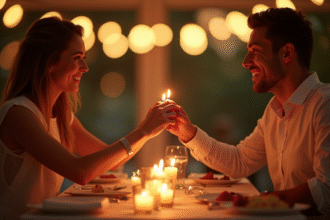 Couple souriant main dans la main lors d'un dîner romantique