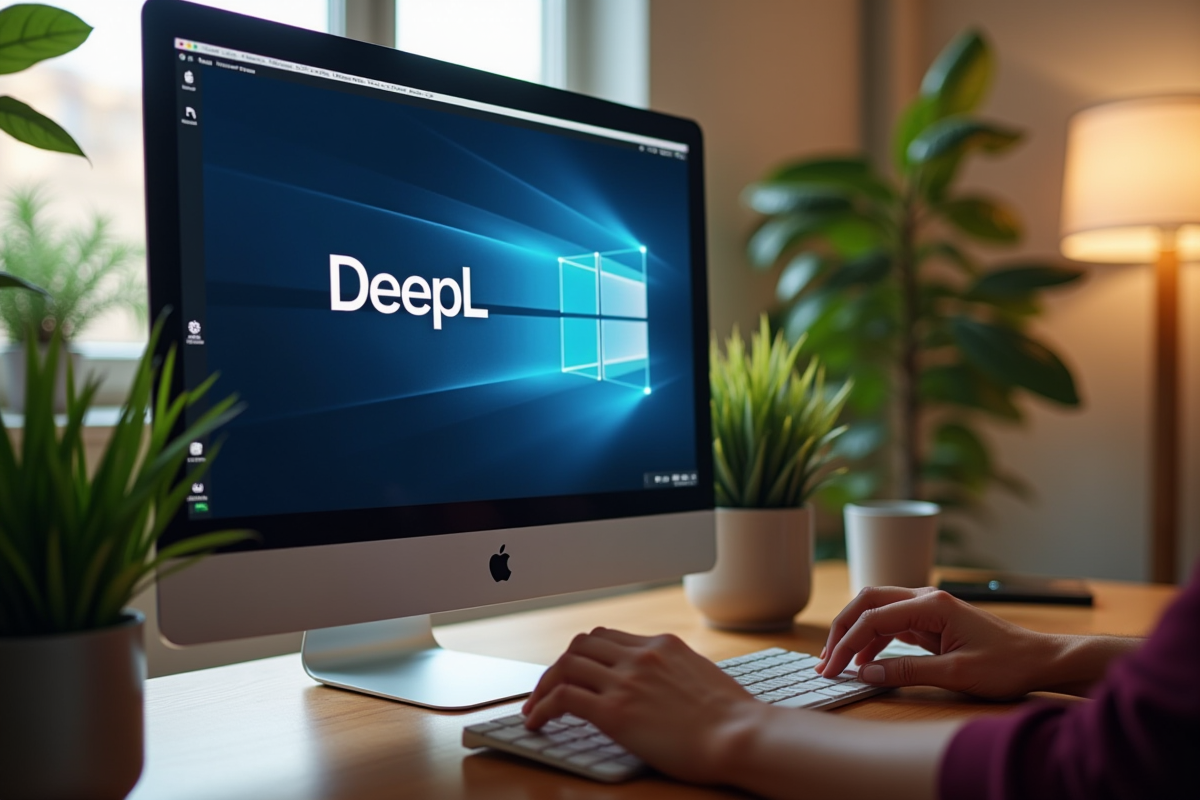 Ecran affichant DeepL avec clavier dans un bureau cosy et lumineux