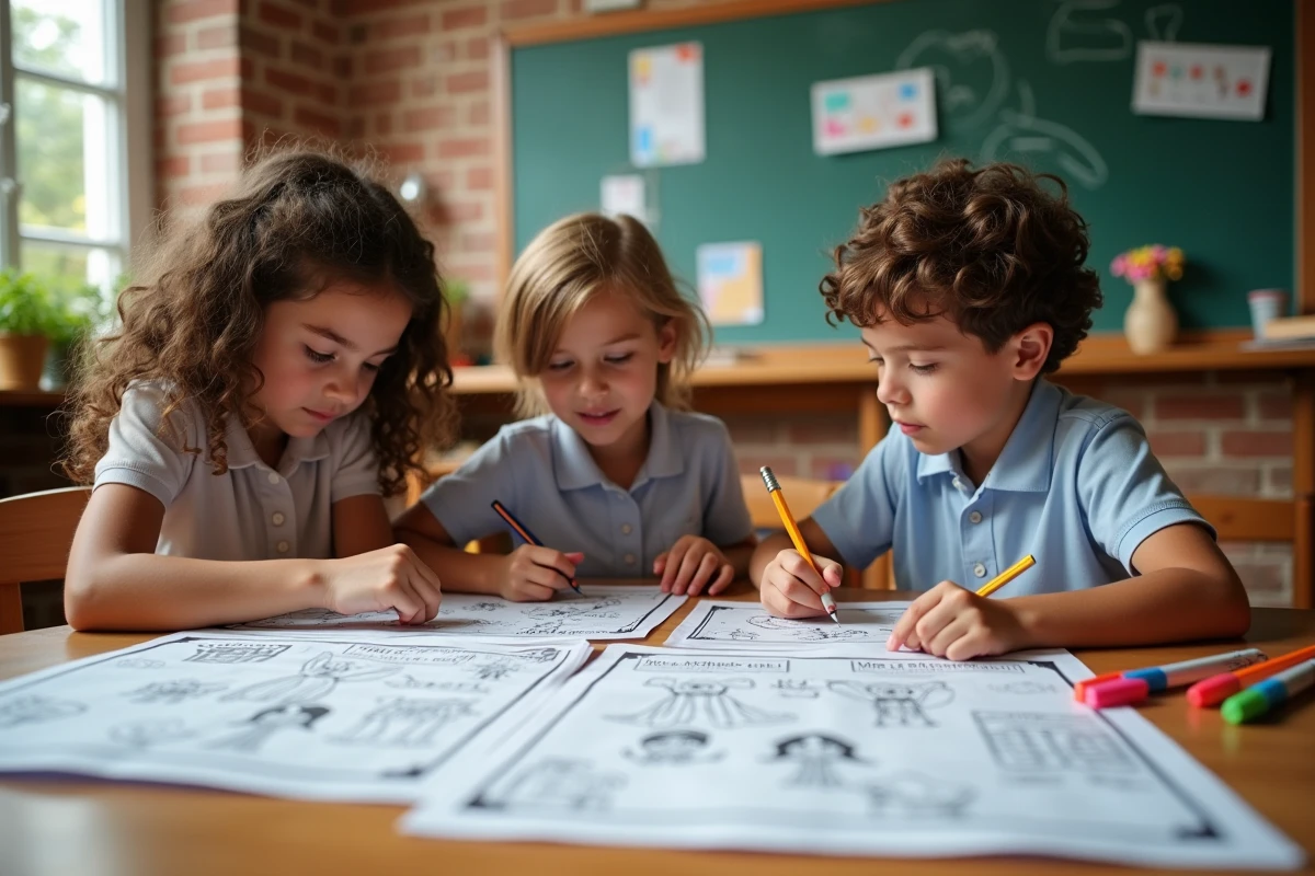 Élèves de primaire réalisant des activités pédagogiques sur les 12 travaux d'Hercule autour d'une table en classe