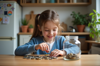Jeune fille de 8 ans comptant des pièces dans un bocal en cuisine