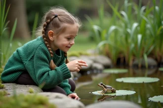 Petite fille émerveillée qui observe une grenouille sur un nénuphar dans un jardin naturel