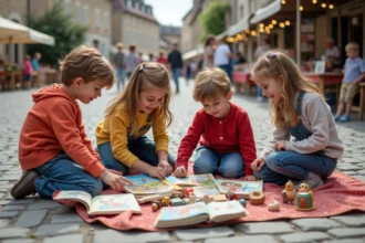 Groupe d'enfants jouant lors d'un vide grenier en plein air