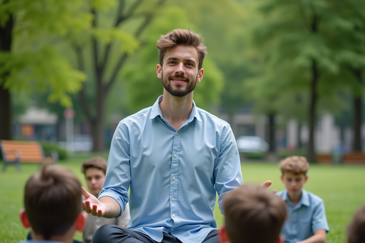 Jeune enseignant guidant une séance de pleine conscience en extérieur