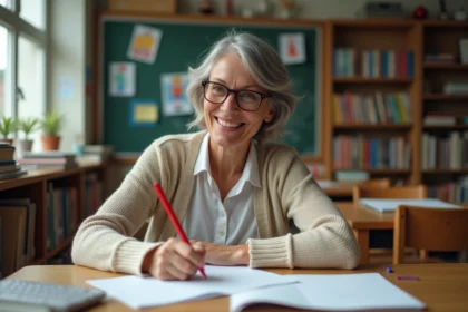 Professeure assise à son bureau en classe chaleureuse
