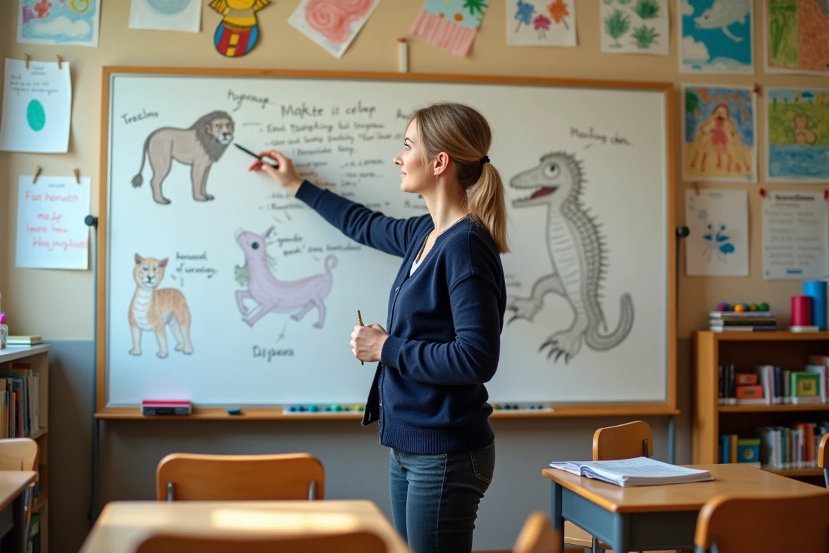 Enseignante de cycle 3 devant un tableau illustrant les 12 travaux d'Hercule pour une séance pédagogique en classe