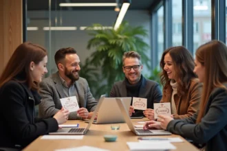 Groupe de collègues souriants avec cartes de vœux dans un bureau moderne