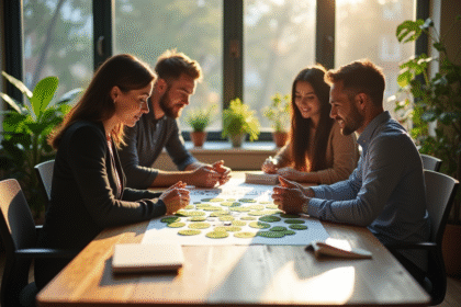 Groupe de travail en bureau moderne avec flowchart écologique