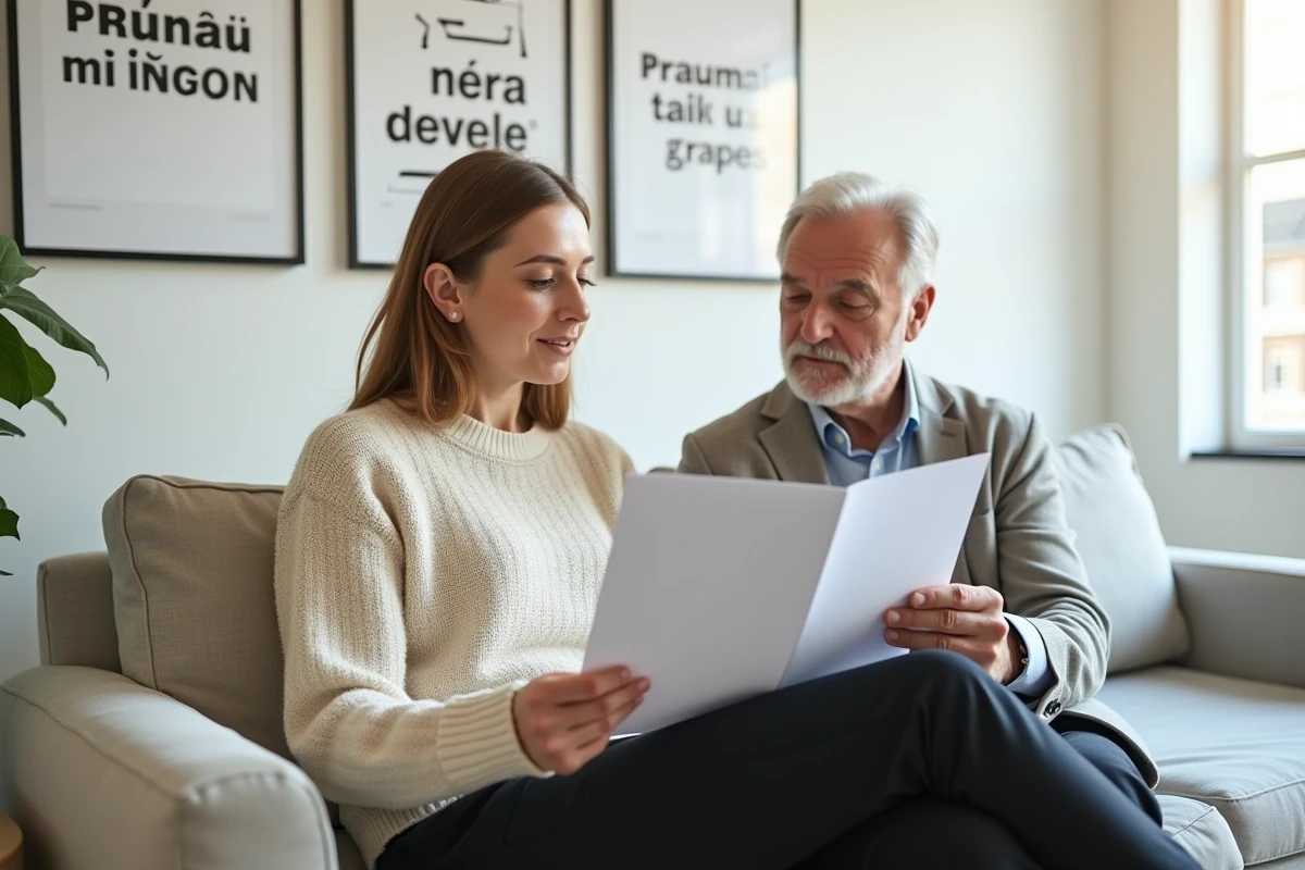 Une jeune femme et son collègue examinent une maquette de brochure avec du texte Lorem Ipsum dans un espace lounge de bureau moderne