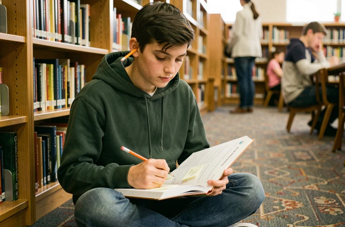 Adolescent révisant la règle du participe passé du verbe rejoindre dans un manuel de grammaire à la bibliothèque scolaire