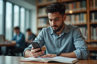 Étudiant musulman consultant les horaires de prière sur son smartphone dans une bibliothèque universitaire à Mantes-la-Jolie