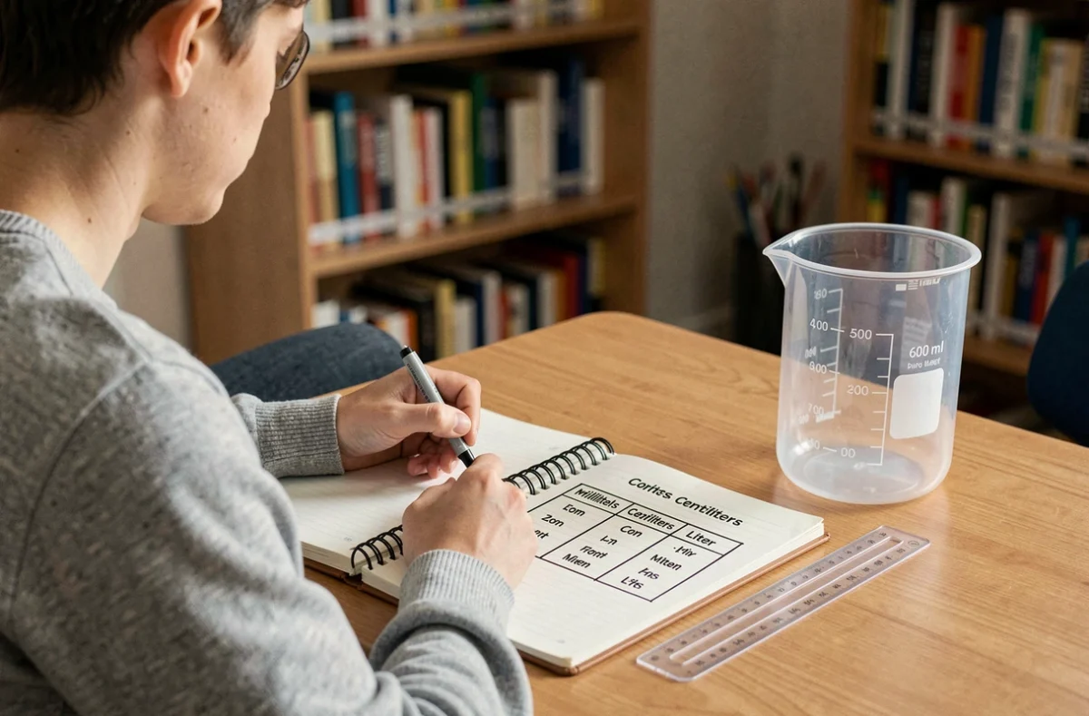 Étudiant prenant des notes sur un tableau de conversion ml cl et litre avec un bécher de 600 ml posé sur son bureau