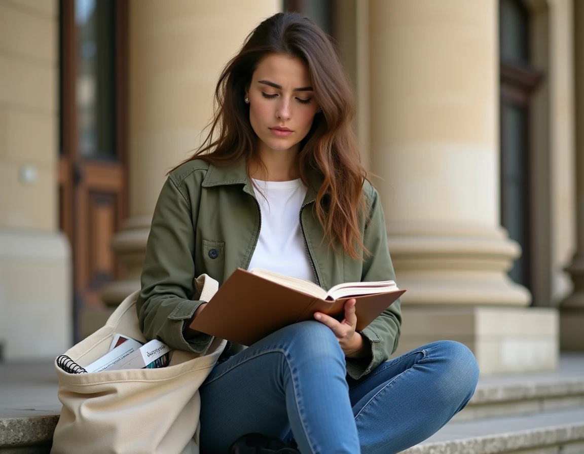 Étudiante en journalisme assise sur les marches d'une université française, carnet de notes à la main, regard pensif