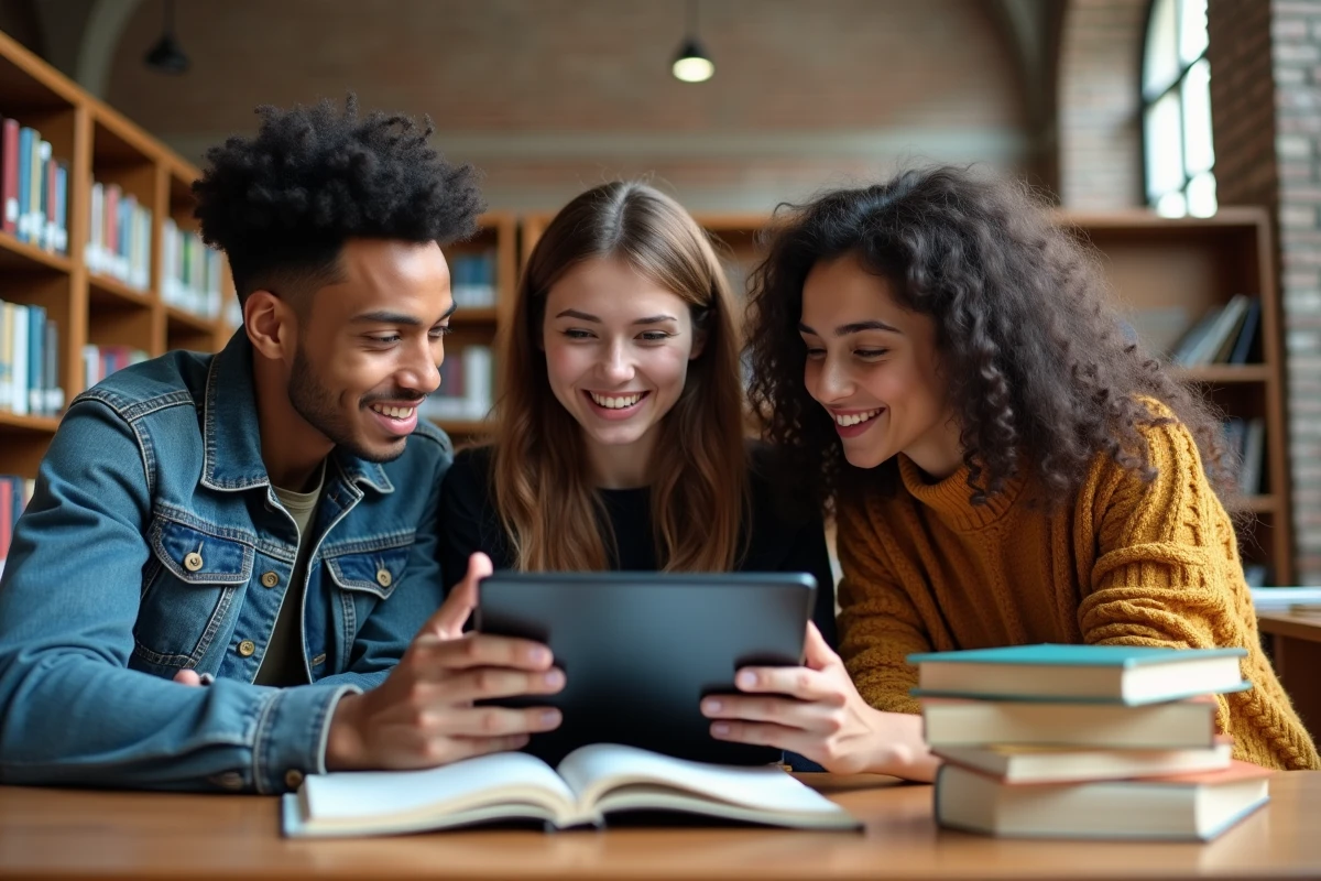 Groupe d'étudiants universitaires regardant une vidéo de vulgarisation scientifique sur une tablette dans une bibliothèque