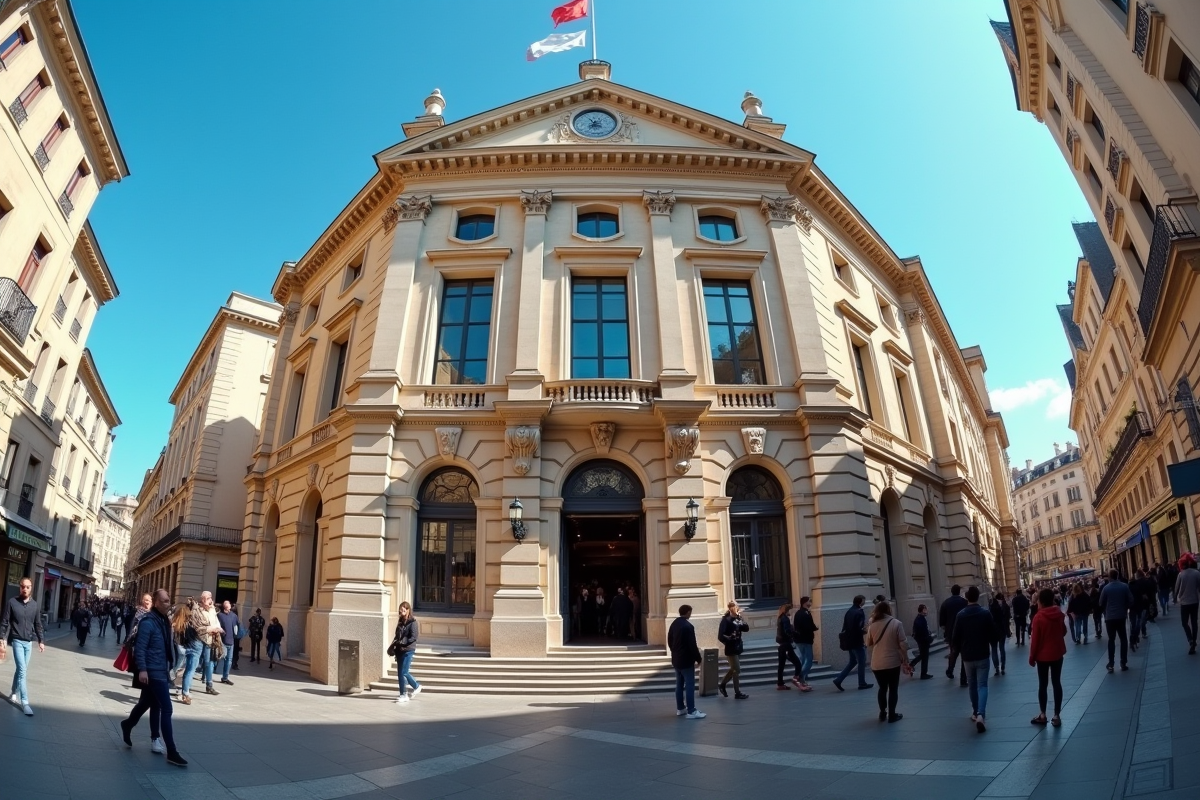 Rue avec courthouse et passants sous ciel bleu