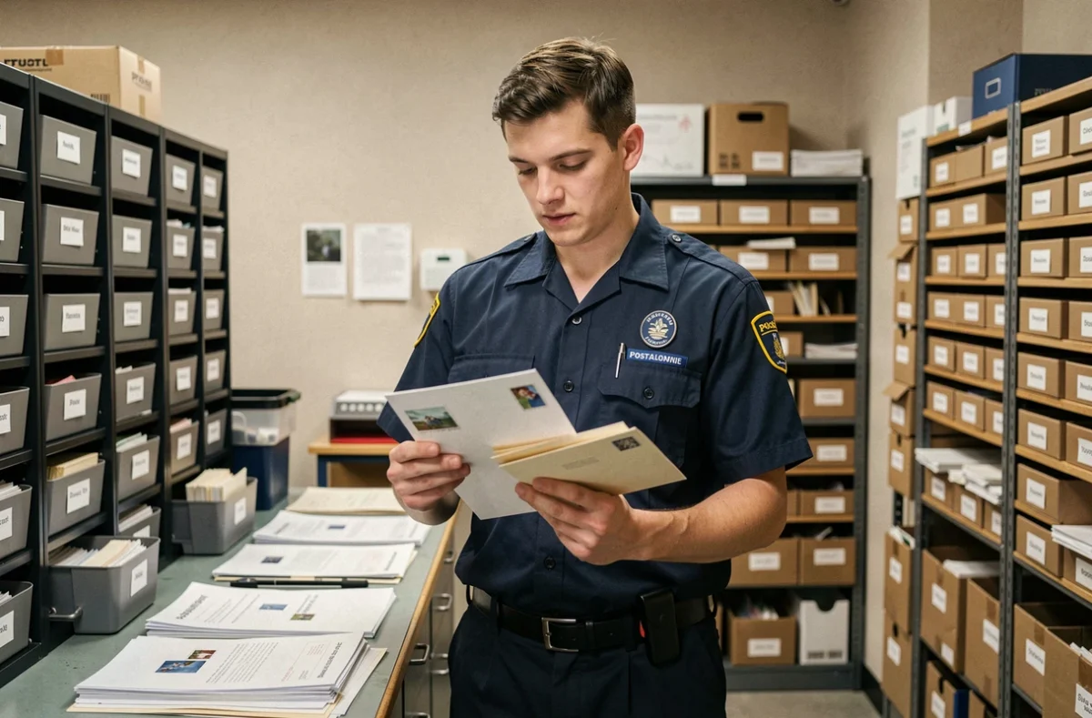 Facteur vérifiant le placement des timbres sur des enveloppes dans un bureau de poste