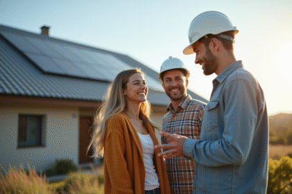 Famille devant panneaux solaires sur leur maison ensoleillée