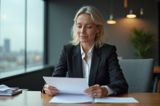 Femme d'affaires en costume examinant des documents