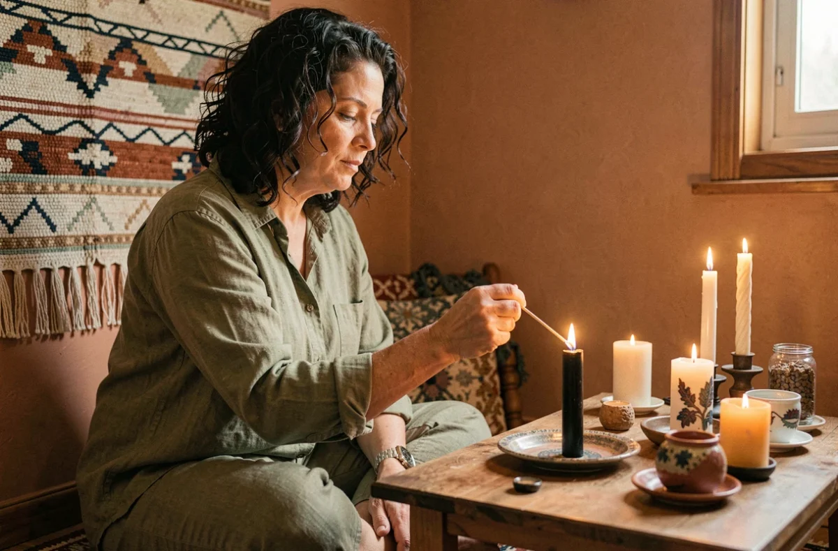 Femme allumant une bougie noire sur un autel domestique lors d'un rituel de protection et de purification énergétique