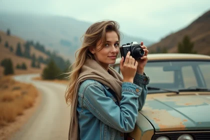 Femme tenant un appareil photo jetable réutilisable lors d'un road trip en montagne, appuyée contre une vieille voiture sur une route sinueuse