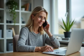 Femme tenant un smartphone affichant l'indicatif 0031 des Pays-Bas dans un bureau à domicile