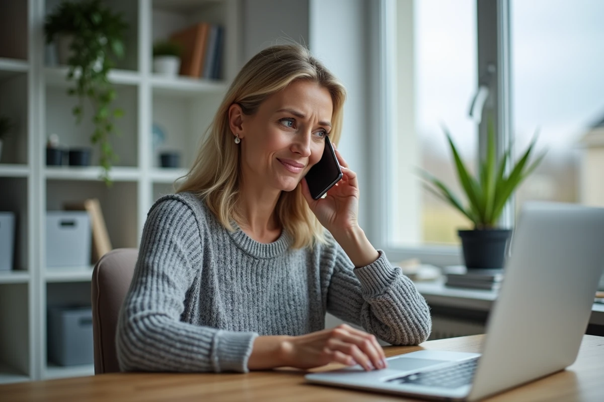 Femme tenant un smartphone affichant l'indicatif 0031 des Pays-Bas dans un bureau à domicile