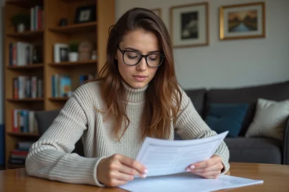 Jeune femme vérifiant une attestation d hébergement à son bureau