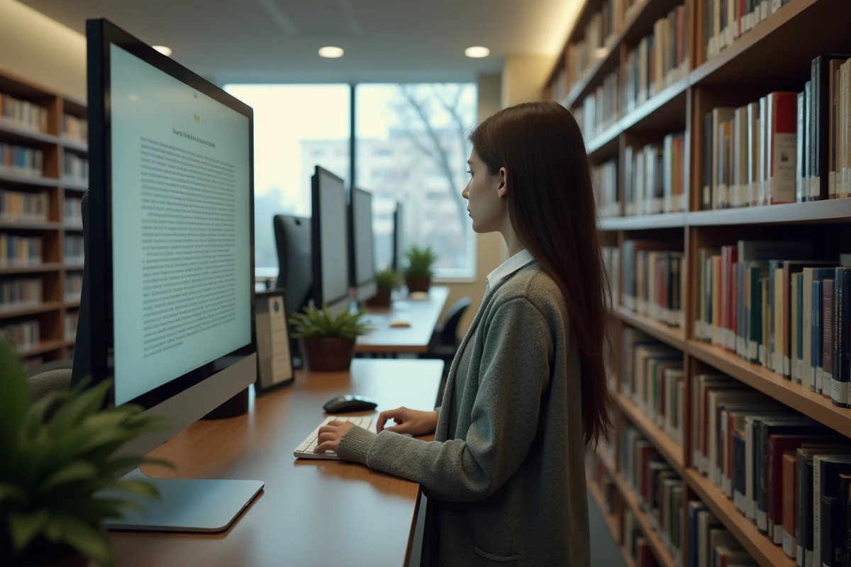Jeune femme étudiant dans une bibliothèque calme