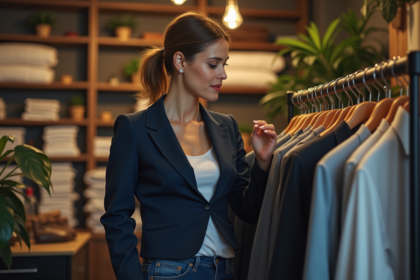 Femme confiante en boutique de mode urbaine