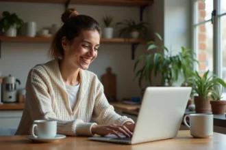 Femme souriante en cardigan consulte une liste de cadeaux