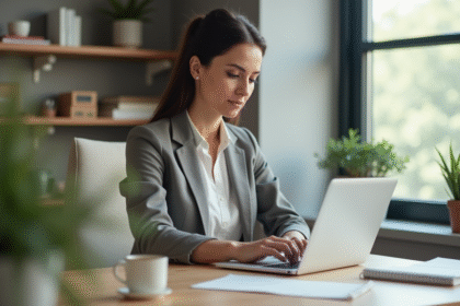 Femme en tenue décontractée utilisant un ordinateur dans un bureau lumineux