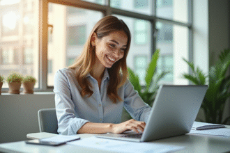 Femme professionnelle souriante au bureau avec ordinateur