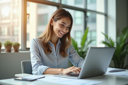 Femme professionnelle souriante au bureau avec ordinateur