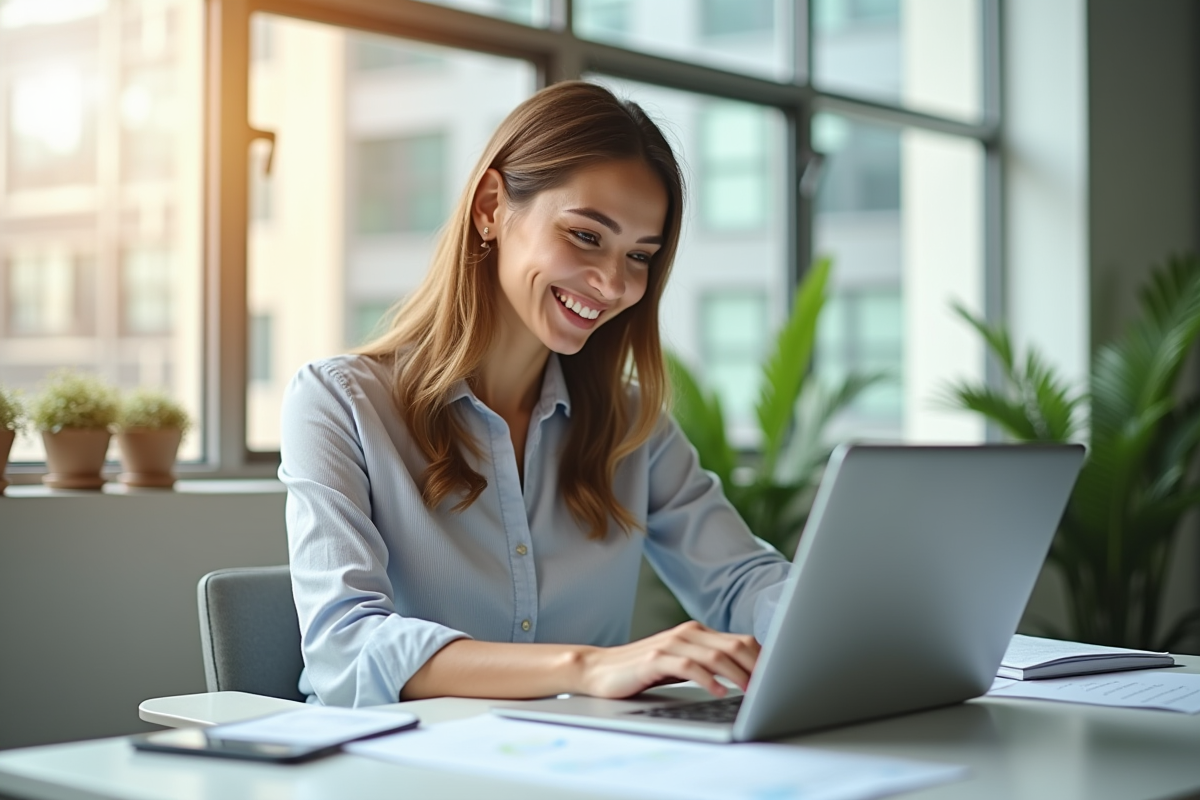 Femme professionnelle souriante au bureau avec ordinateur