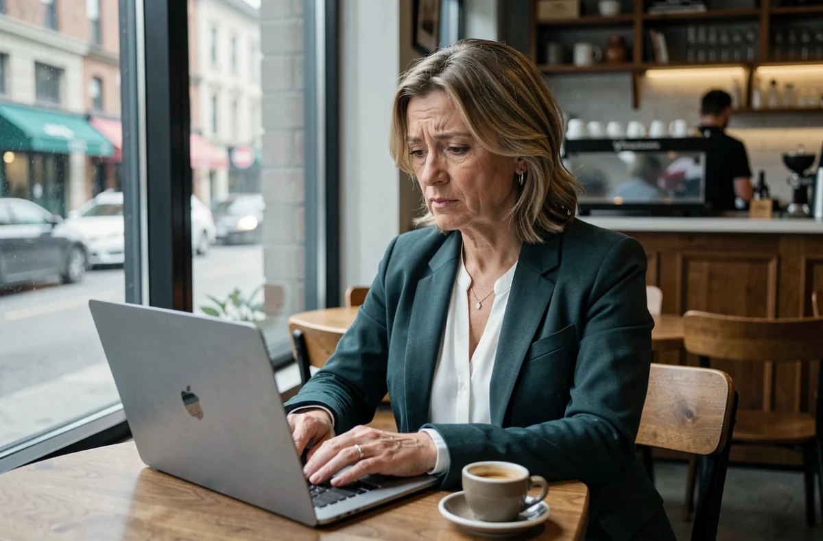 Femme dans un café tentant de récupérer son mot de passe et de se reconnecter à EliteRencontre sur son ordinateur portable