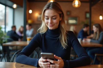 Femme élégante au café avec smartphone et sourire