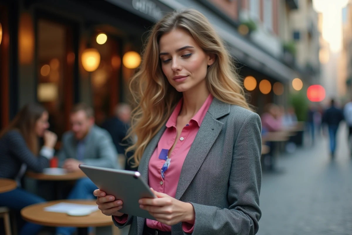 Femme avec une tablette dans un café urbain en extérieur